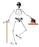 A dancing skeleton welcomes guests to his haunted house