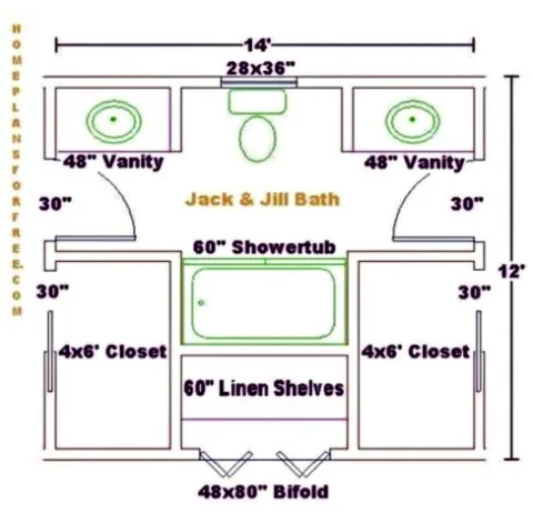 An example of a 8' x 13' Jack and Jill bathroom floor plan courtesy of homeplansforfree.com